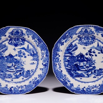 A pair of Chinese blue and white French market armorial plates, Qianlong