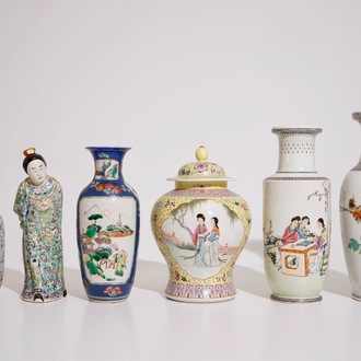 Five Chinese famille rose vases and a standing figure, 19/20th C.