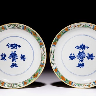 A pair of Chinese famille verte plates, Kangxi