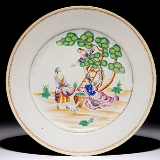 A Chinese famille rose plate with cherry pickers, Qianlong