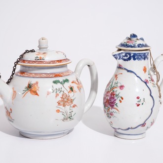 A Chinese famille verte teapot, Kangxi, and a famille rose milk jug, Qianlong