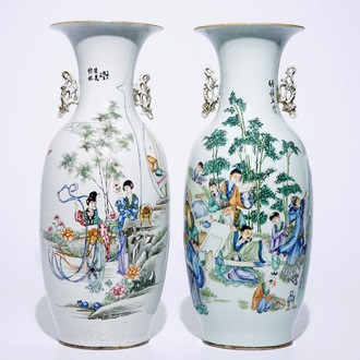 Two tall Chinese famille rose vases with calligraphy, 19/20th C.