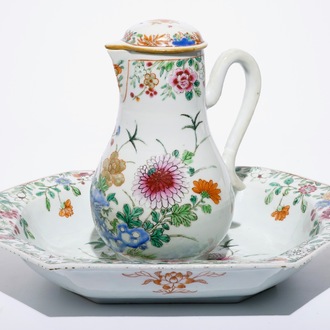 A Chinese famille rose ewer with cover and basin, Qianlong