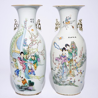 Two tall Chinese famille rose vases with calligraphy, 19/20th C.