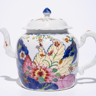 A Chinese famille rose “Tobacco Leaf” teapot and cover, Qianlong