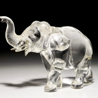 A Chinese carved rock crystal figure of an elephant, signed, 19/20th C.