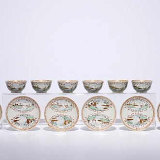 Un lot de six tasses et soucoupes en porcelaine de Chine famille rose de style Meissen, Qianlong