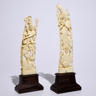 Two tall Indian carved ivory figures of deities, ca. 1900