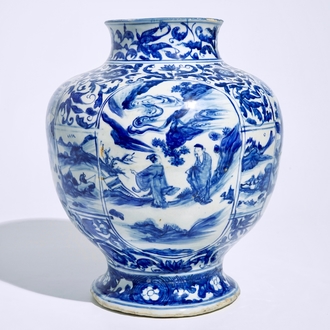 A Chinese blue and white baluster vase with figurative medallions, Ming, Wanli