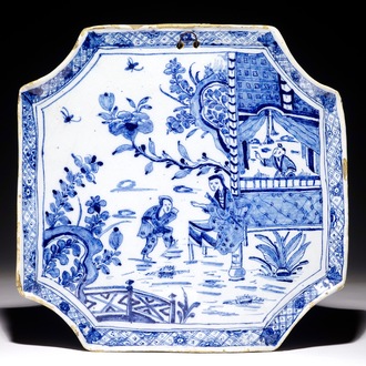 A Dutch Delft blue and white chinoiserie plaque, 18th C.