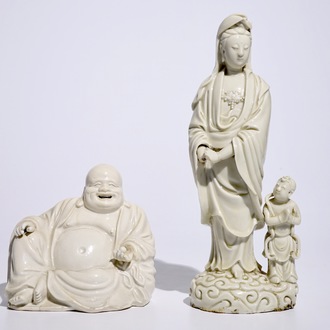 Two Chinese blanc de Chine Dehua figures of Buddha Hotei and Guanyin with child, 18/19th C.