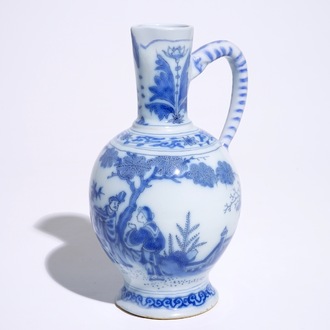 A Dutch Delft blue and white chinoiserie jug, 17th C.