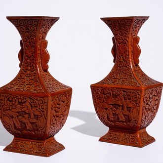 A pair of Chinese cinnabar lacquer vases, 19th C.