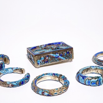 A Chinese enameled silver box and cover and five bracelets, 19th C.