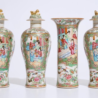 A four-piece Chinese Canton rose medallion garniture of vases, 19th C.