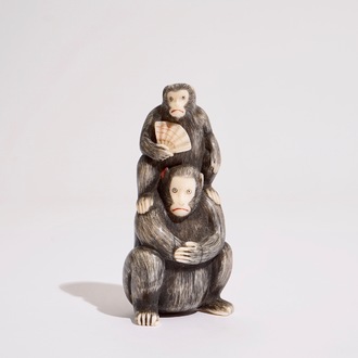 A Japanese ivory okimono of two monkeys, Meiji/Taisho, 19/20th C., signed