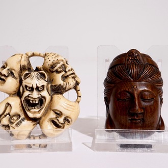 Deux netsuke signés en ivoire et bois, Japon, Meiji ou Taisho, 19/20ème