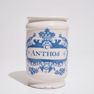 A Dutch Delft blue and white albarello-shaped pharmacy drug jar, 18th C.