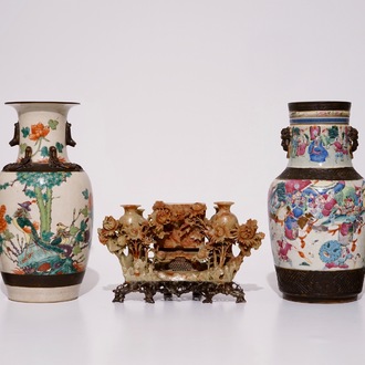 Four Chinese Nanking famille verte and rose crackle glaze vases and a soapstone cigarette dispenser, 19/20th C.