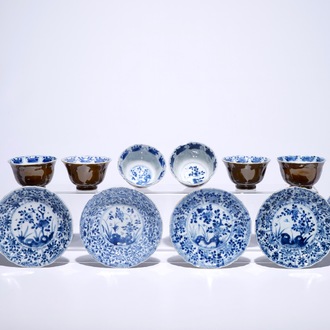 Six Chinese blue and white on capucin brown ground cups and saucers, Kangxi