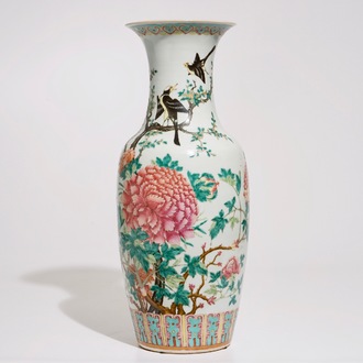 A Chinese famille rose vase with birds among peonies, 19th C.