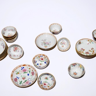 Eleven Chinese famille rose on capucin brown ground cups and saucers, Qianlong