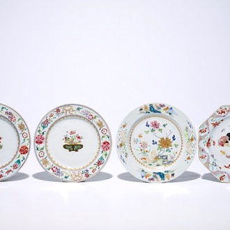 A pair and two individual Chinese famille rose plates, Yongzheng/Qianlong