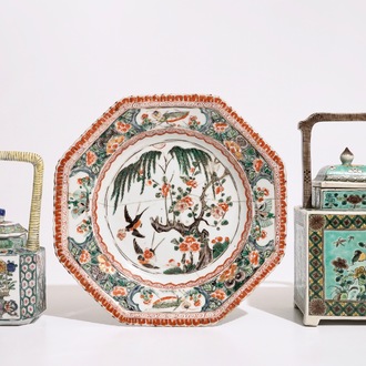 Two Chinese famille verte teapots and cover and an octagonal plate, Kangxi and later