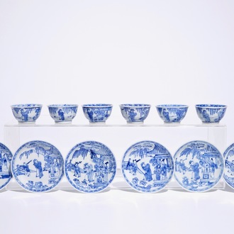 Six blue and white Chinese cups and saucers, Kangxi/Yongzheng