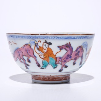 A Chinese Dutch decorated Amsterdams bont bowl with horses, Kangxi