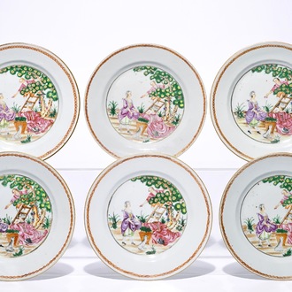 Six assiettes en porcelaine de Chine famille rose à la cueillette des cerises, Qianlong