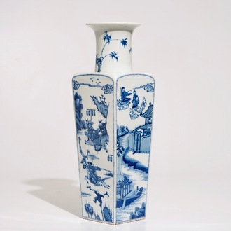 A Chinese blue and white tapering square-section vase, Kangxi mark, 19/20th C.