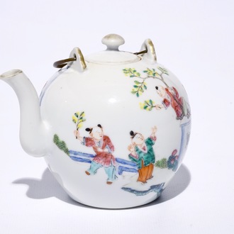 A Chinese famille rose globular teapot with playing boys, 19th C.