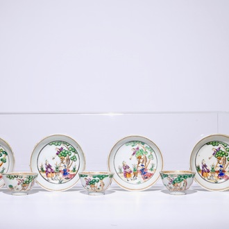 Quatre ensemble de tasses et soucoupes en porcelaine de Chine famille rose à la cueillette des cerises, Qianlong