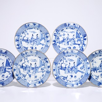 Six plats en porcelaine de Chine bleu et blanc aux soeurs Qiao, Kangxi/Yongzheng