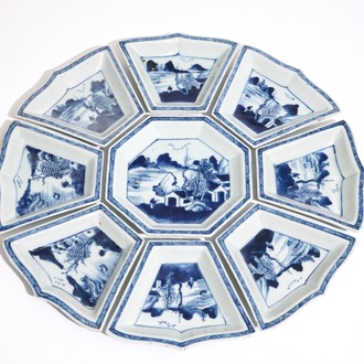 A complete nine-piece Chinese blue and white sweetmeat set, 19th C.