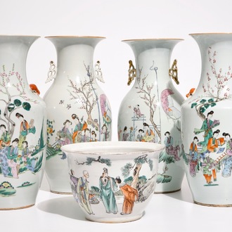 Four Chinese famille rose vases and a qianjiang cai flower pot, 19/20th C.