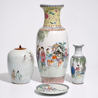 Two Chinese famille rose vases, a ginger jar and a plate, 19/20th C.