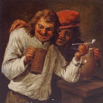 In de stijl van Egbert Van Heemskerk II (1610-1680), "Twee drinkebroers met steengoed kruiken", olie op paneel