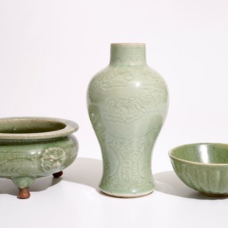 A Chinese Longquan celadon tripod censer, an underglaze-decorated vase and a bowl, Ming and later