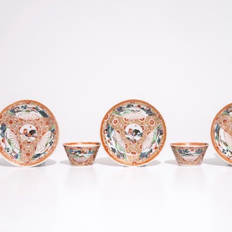 Three Chinese famille rose cups and saucers with roosters, Yongzheng