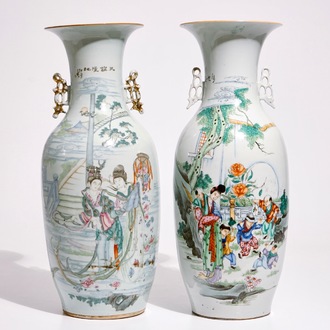 Two tall Chinese famille rose vases with calligraphy, 19/20th C.