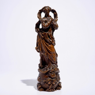 A Flemish carved boxwood figure of Madonna, Antwerp, 16/17th C.