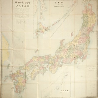 Een grote gedrukte kaart van Japan en de eilanden, Meiji, ca. 1900