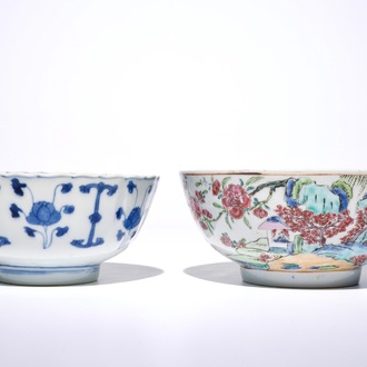 A Chinese famille rose landscape bowl, Yongzheng, and a blue and white bowl, Kangxi