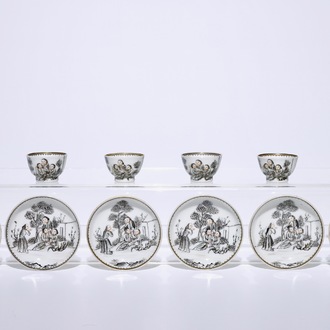 Six tasses et soucoupes miniatures en porcelaine de Chine grisaille  à décor de jésuites, Qianlong