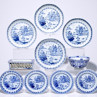 EIght Chinese blue and white plates, a bowl and a jardiniere, 18/19th C.