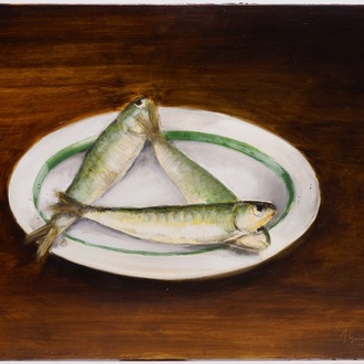 Joost Gevaert, oil on board, a still life with fish, "Flemish Anarchy", dat. 2016