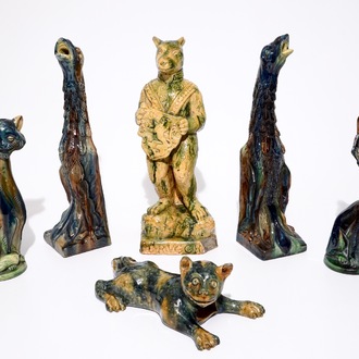Trois chats, deux gargouilles et un ours de Bruges en poterie flamande, 20ème