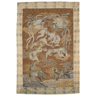 A Japanese embroidered silk wall hanging panel with tigers, dragons and phoenixes, Edo/Meiji, 19th C.